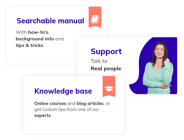 3 cartes expliquant le manuel, l'aide du support et le contenu de la base de connaissances