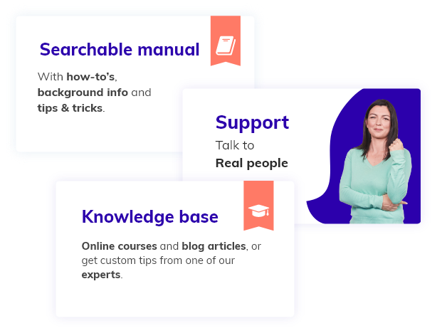 3 cards explaining the manual, aid from support and content of the knowledge base