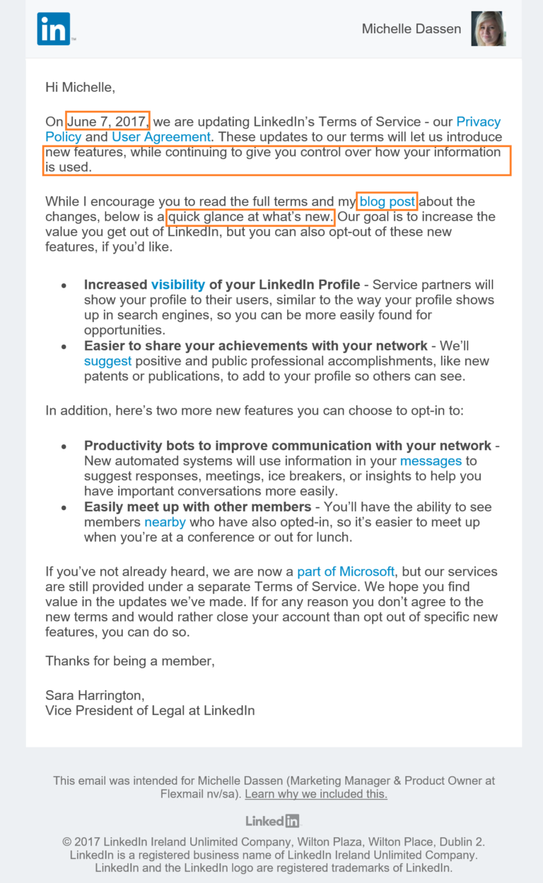 Voorbeeld e-mail van LinkedIn over wijzigingen gebruiksvoorwaarden 