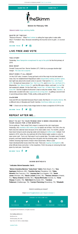 Example newsletter from theSkimm with distinctive content