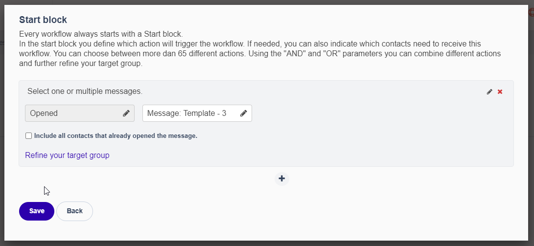 Logiciel de marketing par e-mail Flexmail - affinez votre public cible dans le bloc de départ de votre workflow