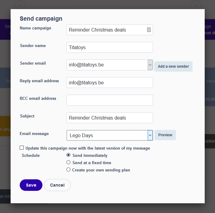 Logiciel de marketing par e-mail Flexmail - envoyer la campagne en remplissant tous les détails de la campagne